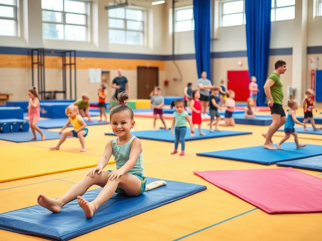 A vibrant image of children and adults practicing gymnastics on mats and equipment in a well-lit gym, showcasing the Gymnastics Training Programs.