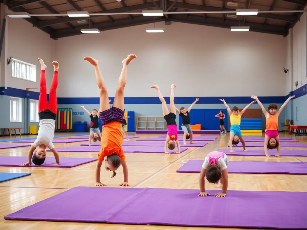 A group of young gymnasts in LES ECUREUILS CRITOURIENS, smiling and stretching during a warm-up session, showcasing the center's focus on youth development and flexibility.