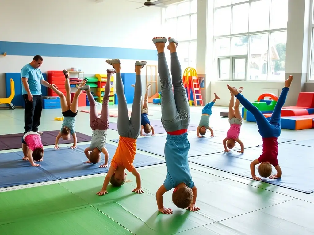 Participants engaging in a gymnastics workshop with instructors guiding them through exercises, highlighting the Workshops & Events.